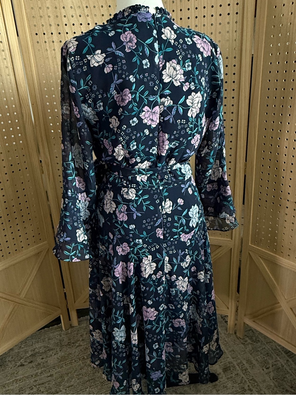 Tahari Navy Floral Wrap Dress with Lavender Accents - Picture 3 of 4